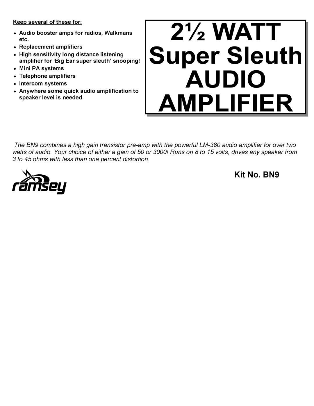 Ramsey Electronics 2 1/2 Watt Super Sleuth Audio Amplifier manual Kit No. BN9 