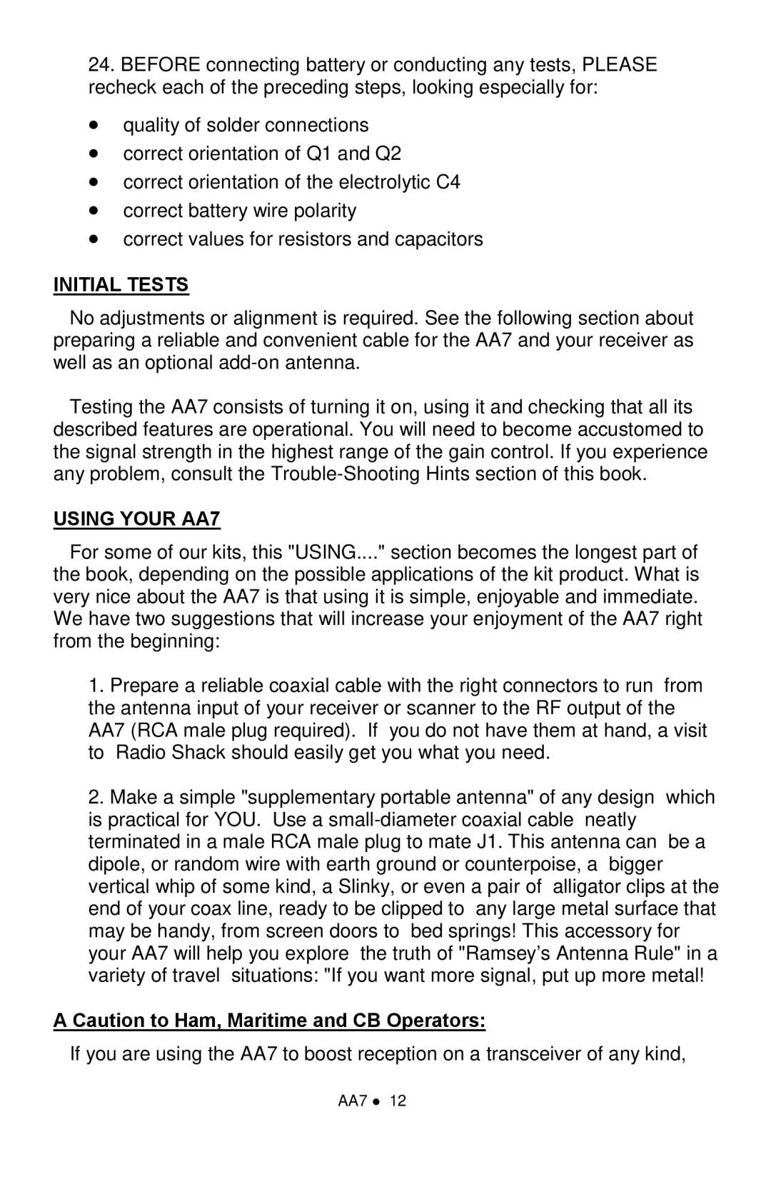 Ramsey Electronics manual Initial Tests, Using Your AA7 