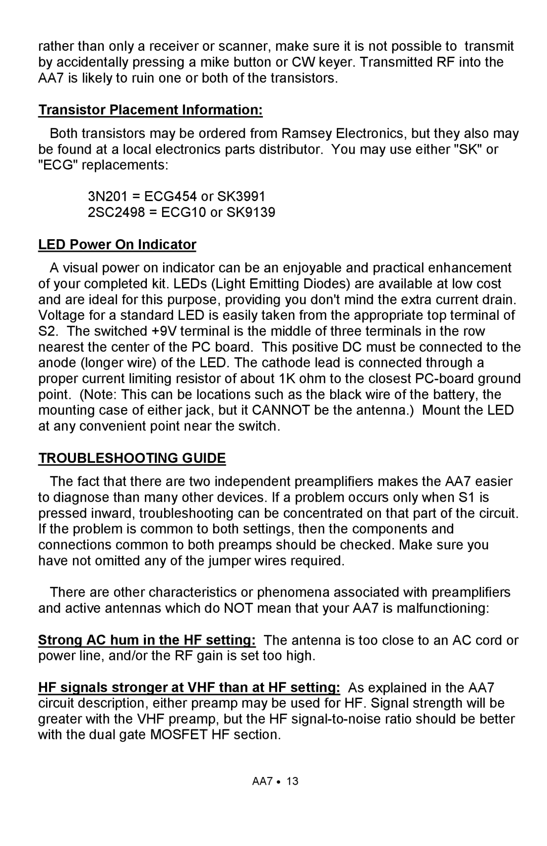 Ramsey Electronics AA7 manual Transistor Placement Information, LED Power On Indicator, Troubleshooting Guide 