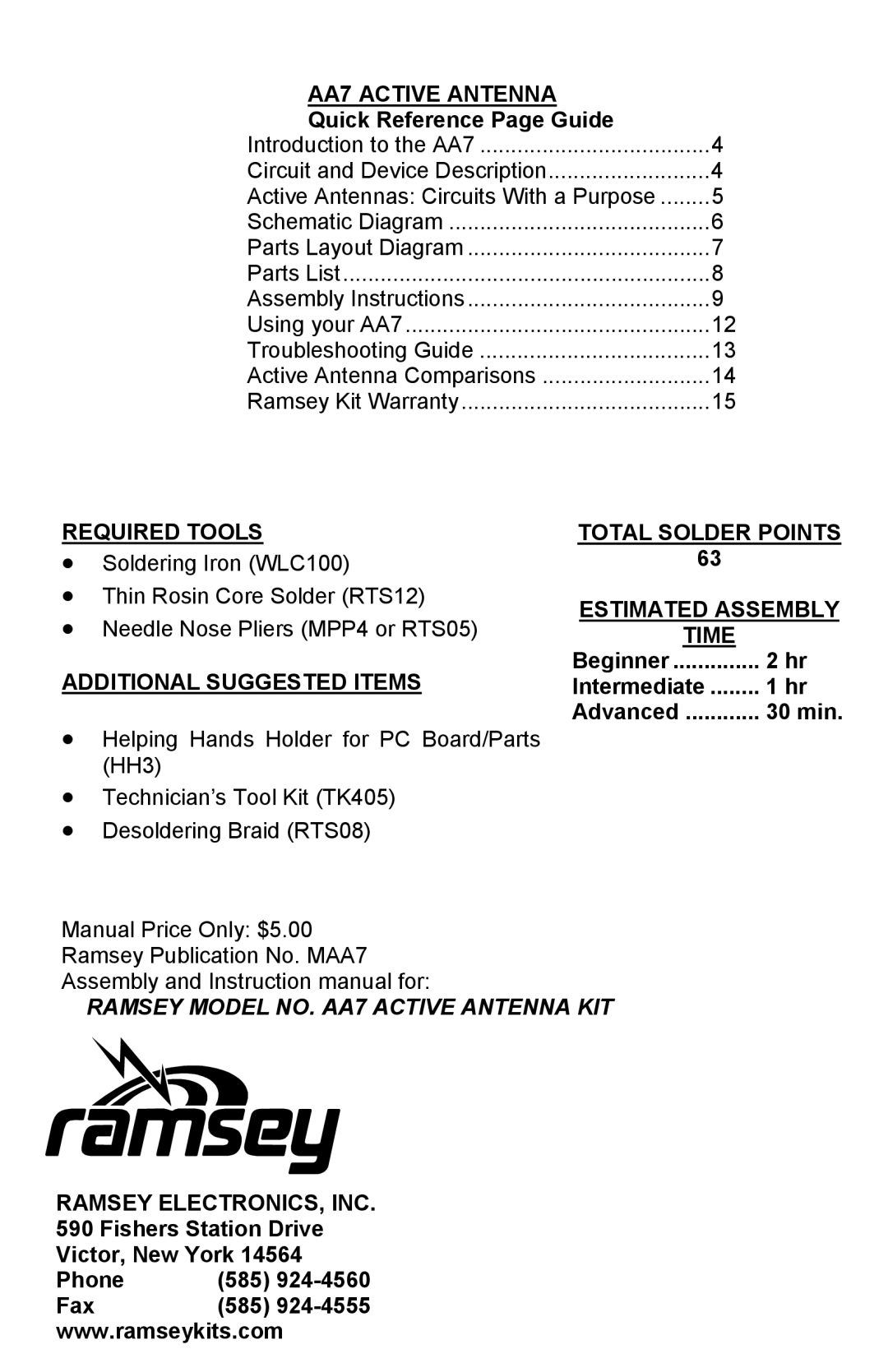 Ramsey Electronics manual AA7 Active Antenna, Total Solder Points Estimated Assembly Time 