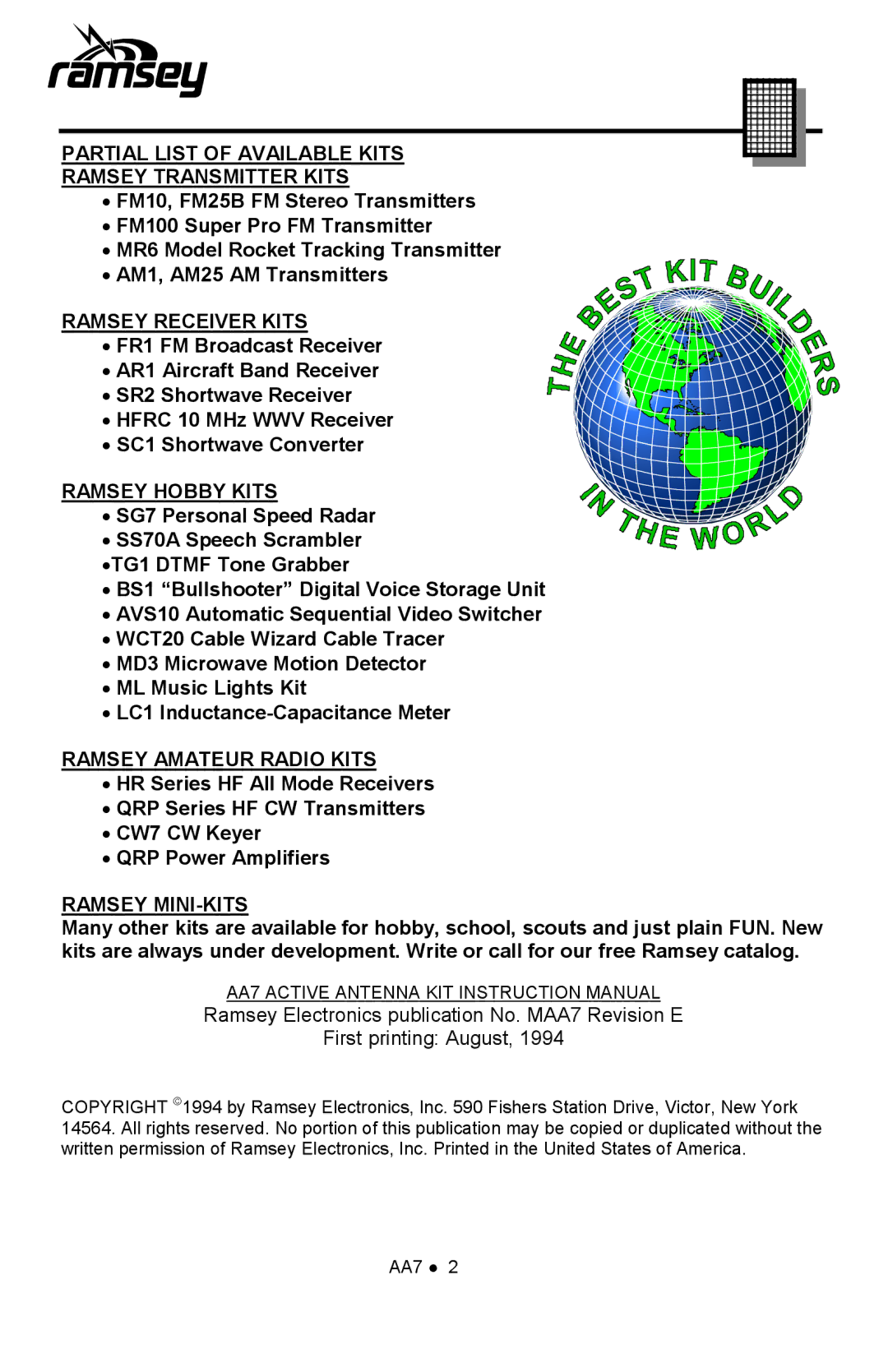 Ramsey Electronics AA7 manual Partial List of Available Kits Ramsey Transmitter Kits 