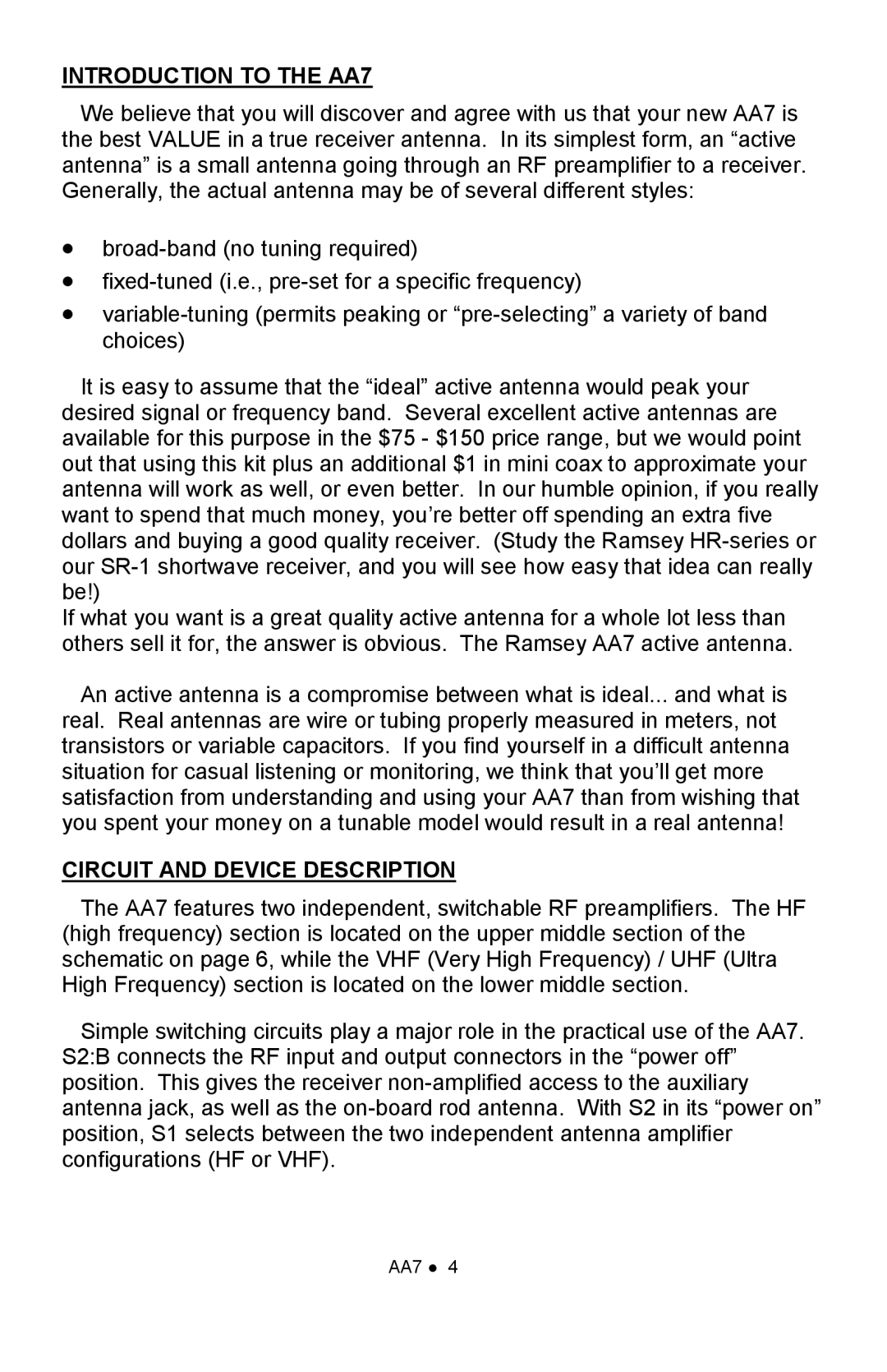 Ramsey Electronics manual Introduction to the AA7, Circuit and Device Description 