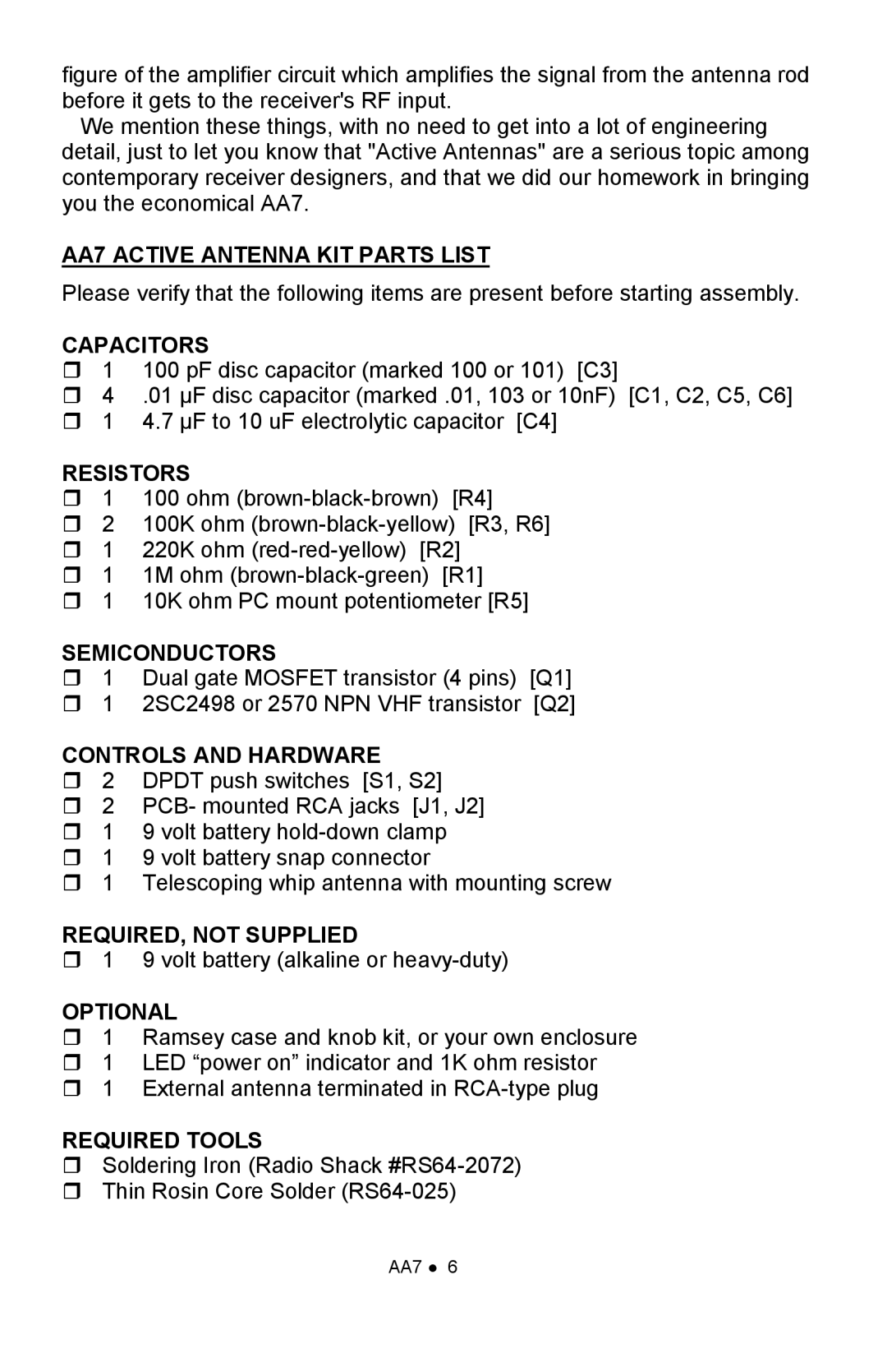 Ramsey Electronics AA7 Active Antenna KIT Parts List, Capacitors, Resistors, Semiconductors, Controls and Hardware 