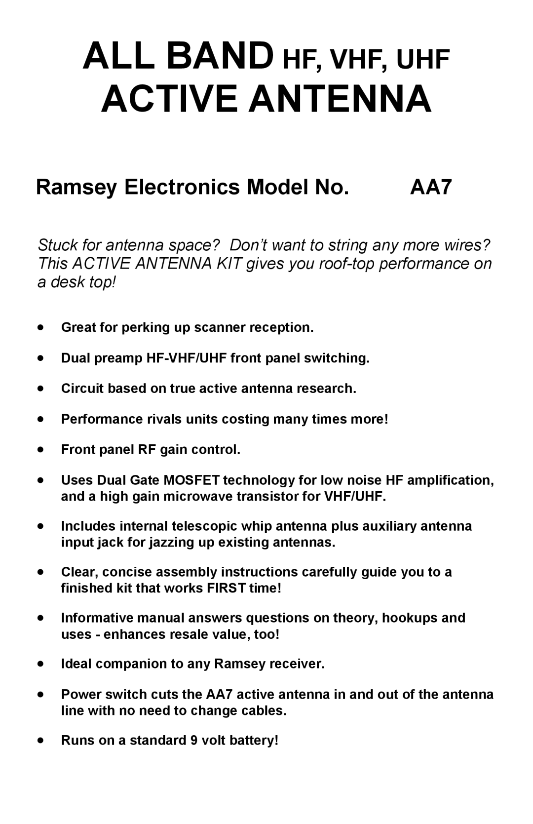 Ramsey Electronics AA7 manual Great for perking up scanner reception, •Dual preamp HF-VHF/UHFfront panel switching 