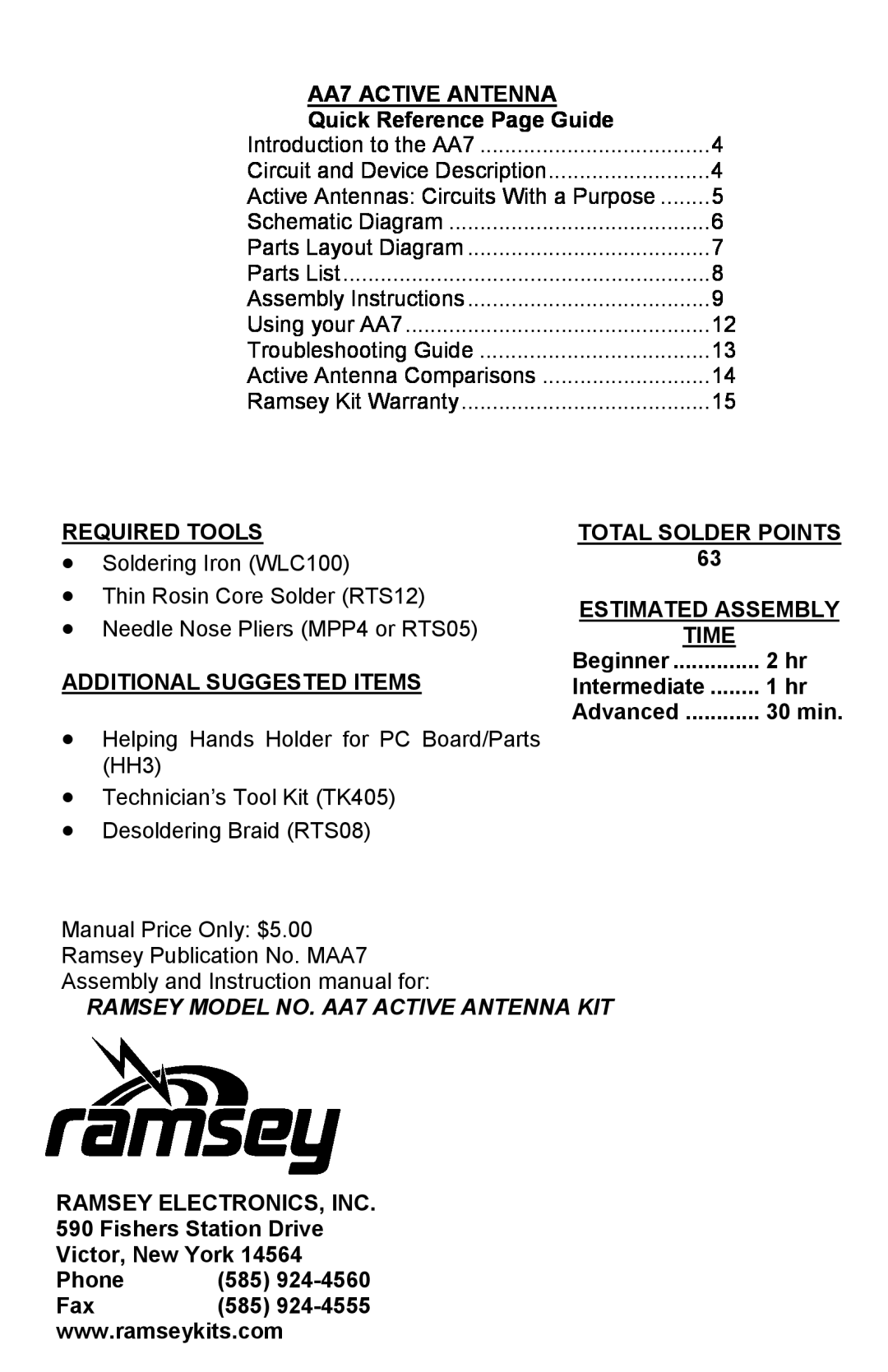 Ramsey Electronics AA7 ACTIVE ANTENNA, Quick Reference Page Guide, TOTAL SOLDER POINTS 63 ESTIMATED ASSEMBLY, Time 