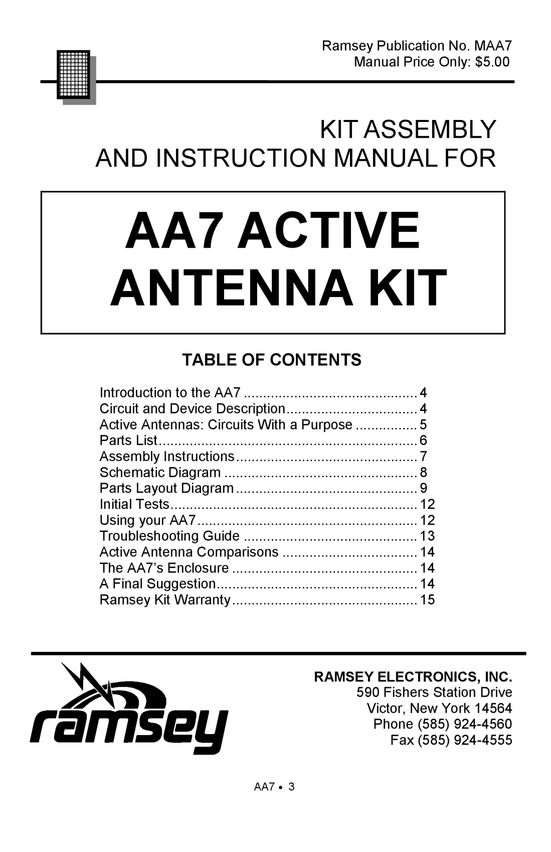 Ramsey Electronics manual Ramsey Electronics, Inc, AA7 ACTIVE ANTENNA KIT, Table Of Contents 
