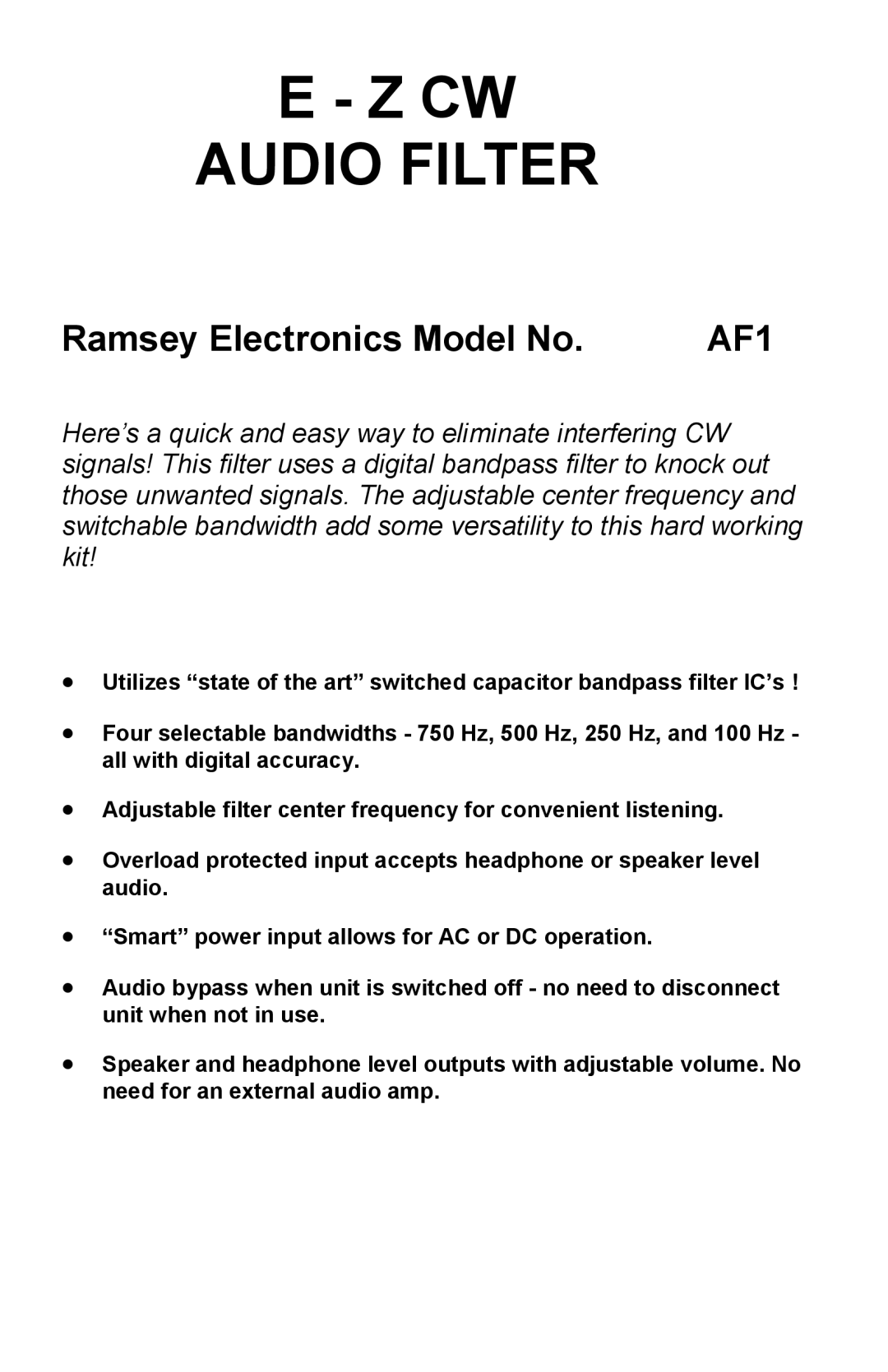 Ramsey Electronics AF1 manual Audio Filter 