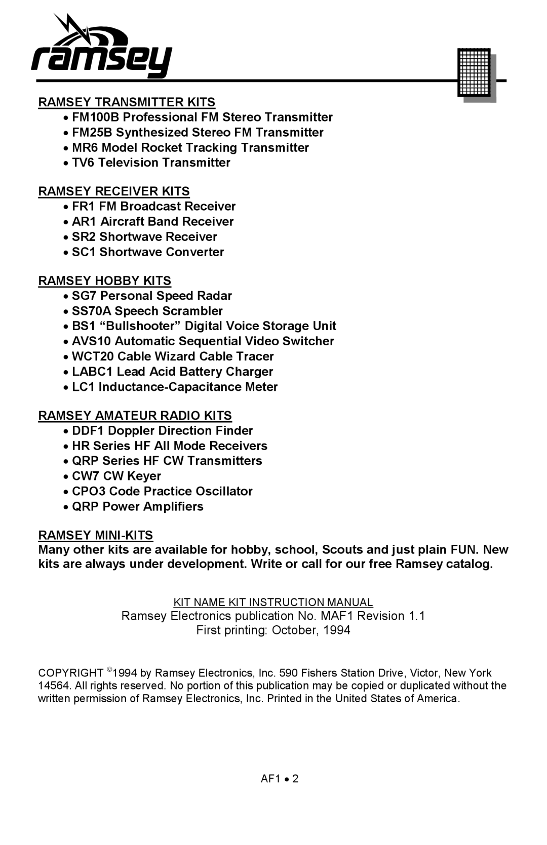 Ramsey Electronics AF1 manual Ramsey Transmitter Kits 