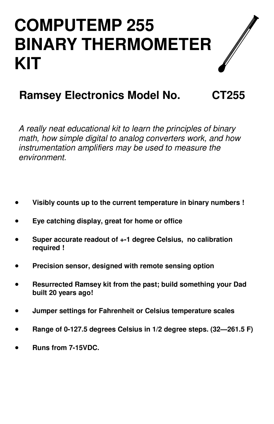 Ramsey Electronics CT255 manual Computemp 255 Binary Thermometer KIT 