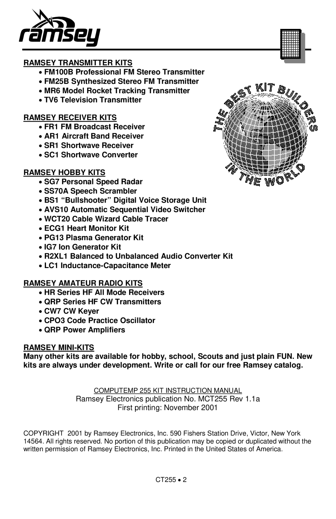 Ramsey Electronics CT255 manual Ramsey Transmitter Kits 