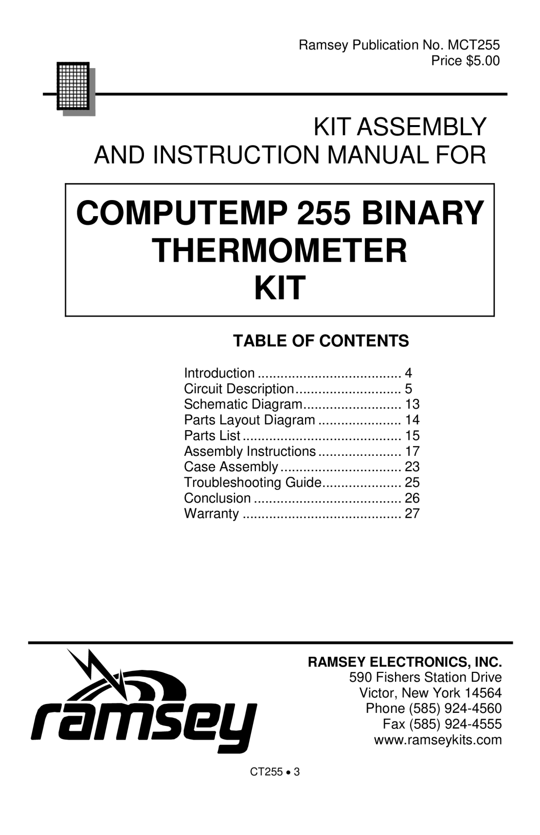 Ramsey Electronics CT255 manual KIT Assembly 