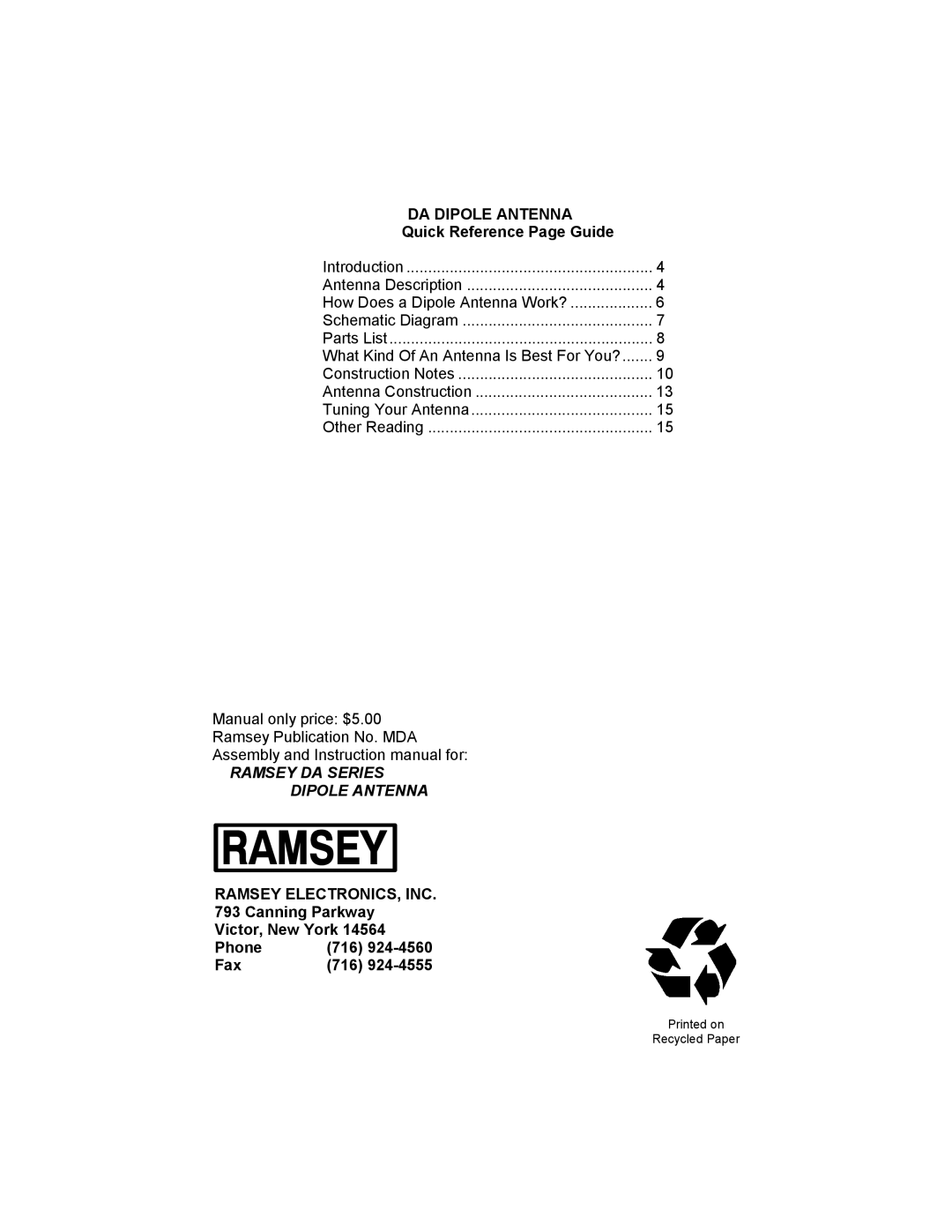 Ramsey Electronics DA-1 manual DA Dipole Antenna, Quick Reference Page Guide 