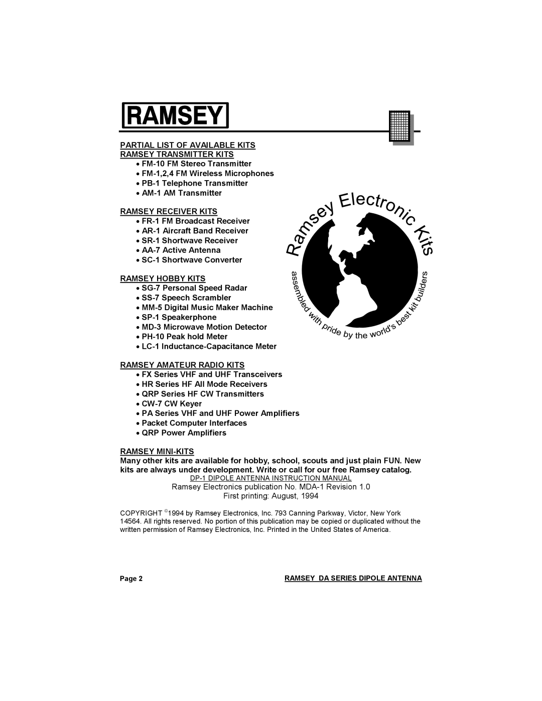 Ramsey Electronics DA-1 manual Partial List of Available Kits Ramsey Transmitter Kits 