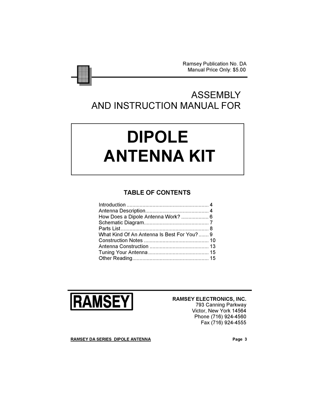 Ramsey Electronics DA-1 manual Dipole Antenna KIT 