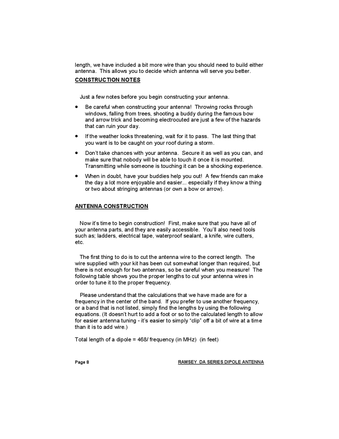 Ramsey Electronics DA-1 manual Construction Notes, Antenna Construction 