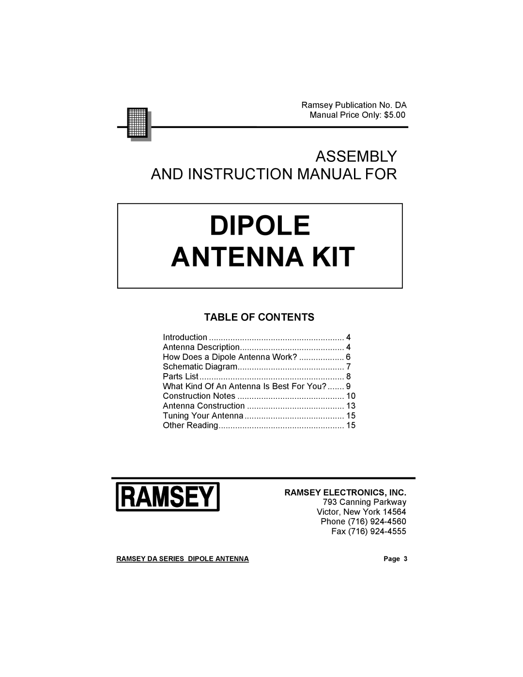 Ramsey Electronics DA-1 manual Dipole Antenna Kit, Table Of Contents 