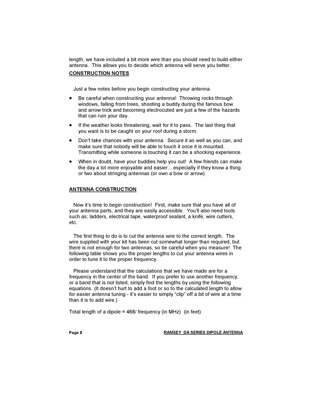 Ramsey Electronics DA-1 manual Construction Notes, Antenna Construction 