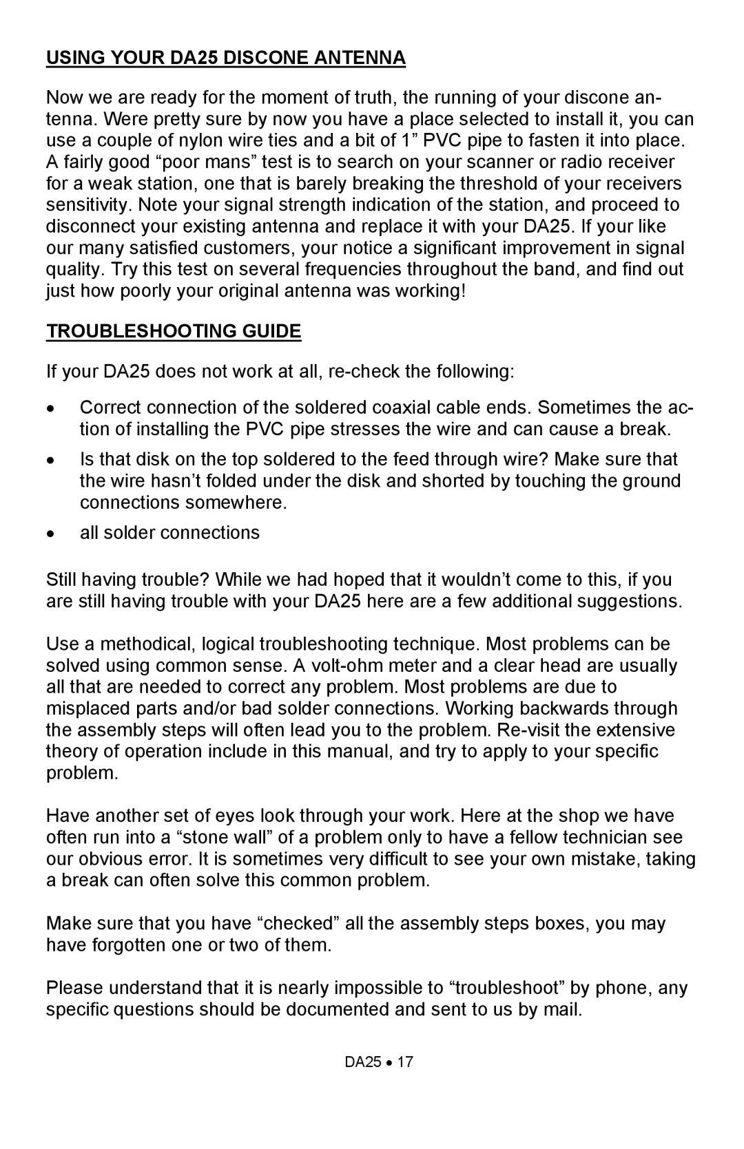 Ramsey Electronics manual Using Your DA25 Discone Antenna, Troubleshooting Guide 