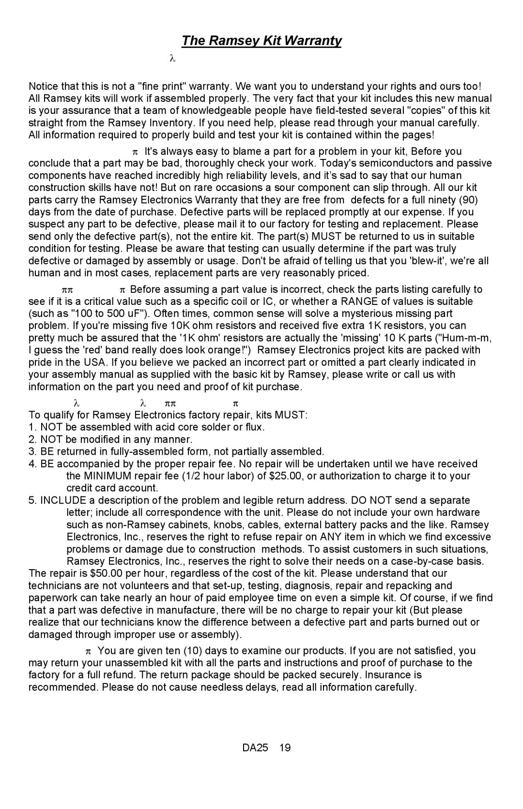 Ramsey Electronics DA25 manual Ramsey Kit Warranty 