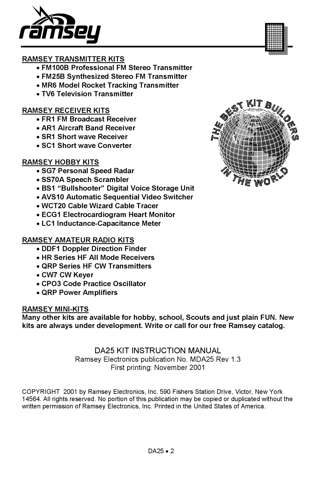 Ramsey Electronics DA25 manual Ramsey Transmitter Kits 