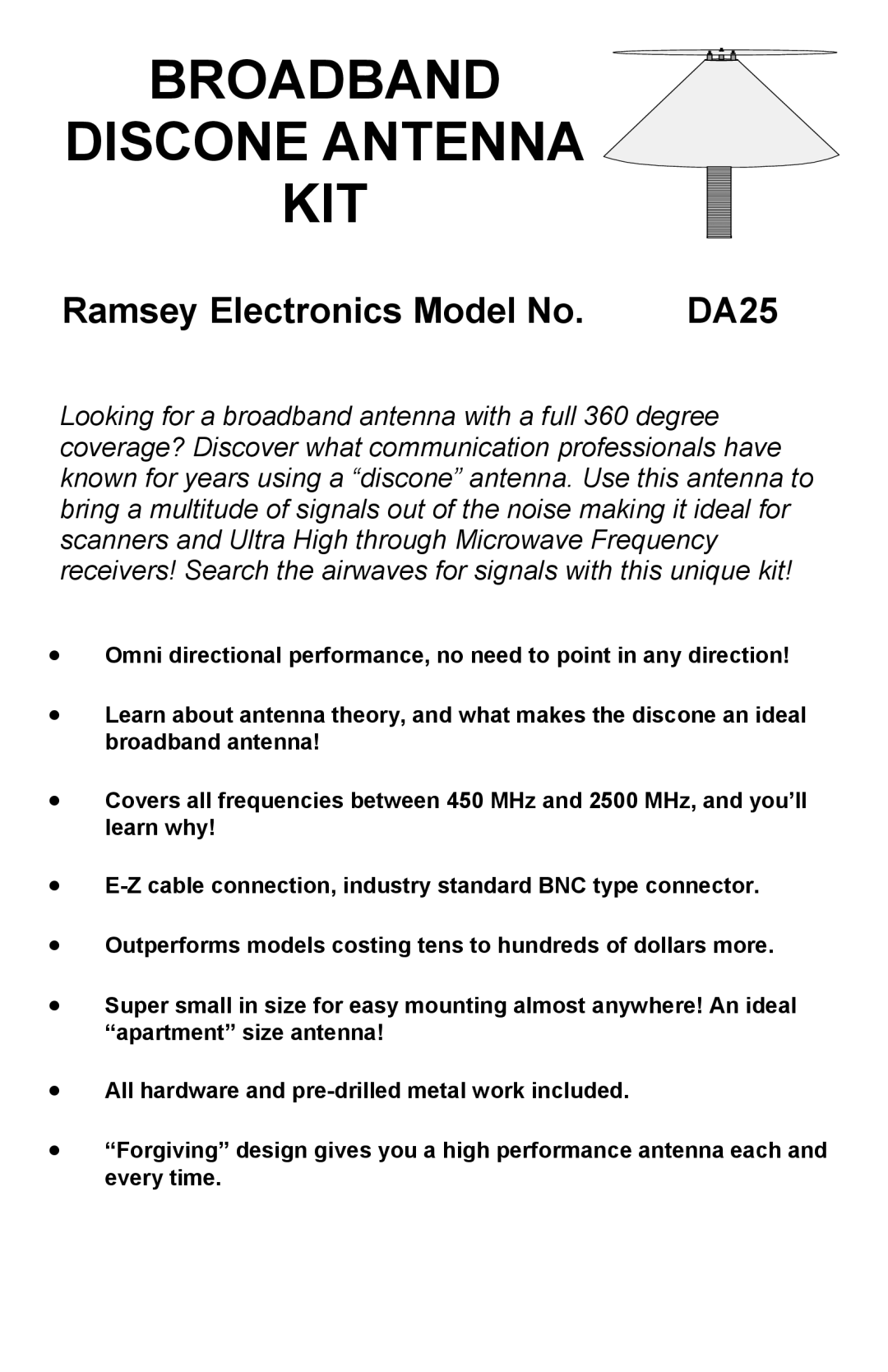 Ramsey Electronics DA25 manual Broadband Discone Antenna Kit, Ramsey Electronics Model No 