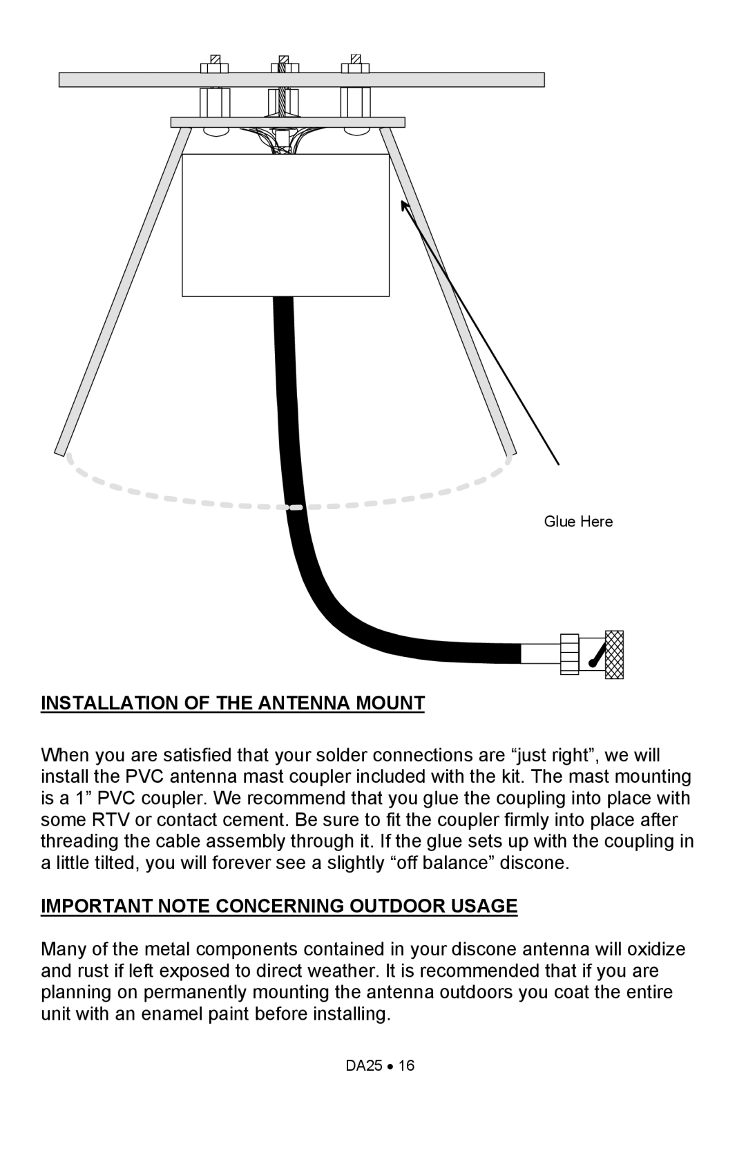 Ramsey Electronics DA25 manual Installation Of The Antenna Mount, Important Note Concerning Outdoor Usage, Glue Here 