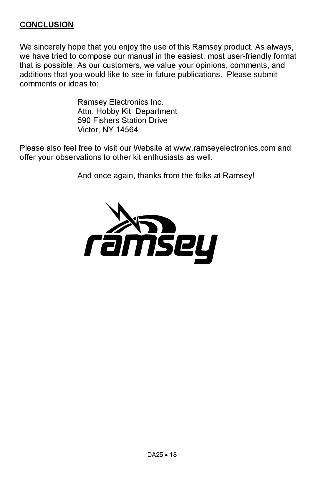 Ramsey Electronics DA25 manual Conclusion 