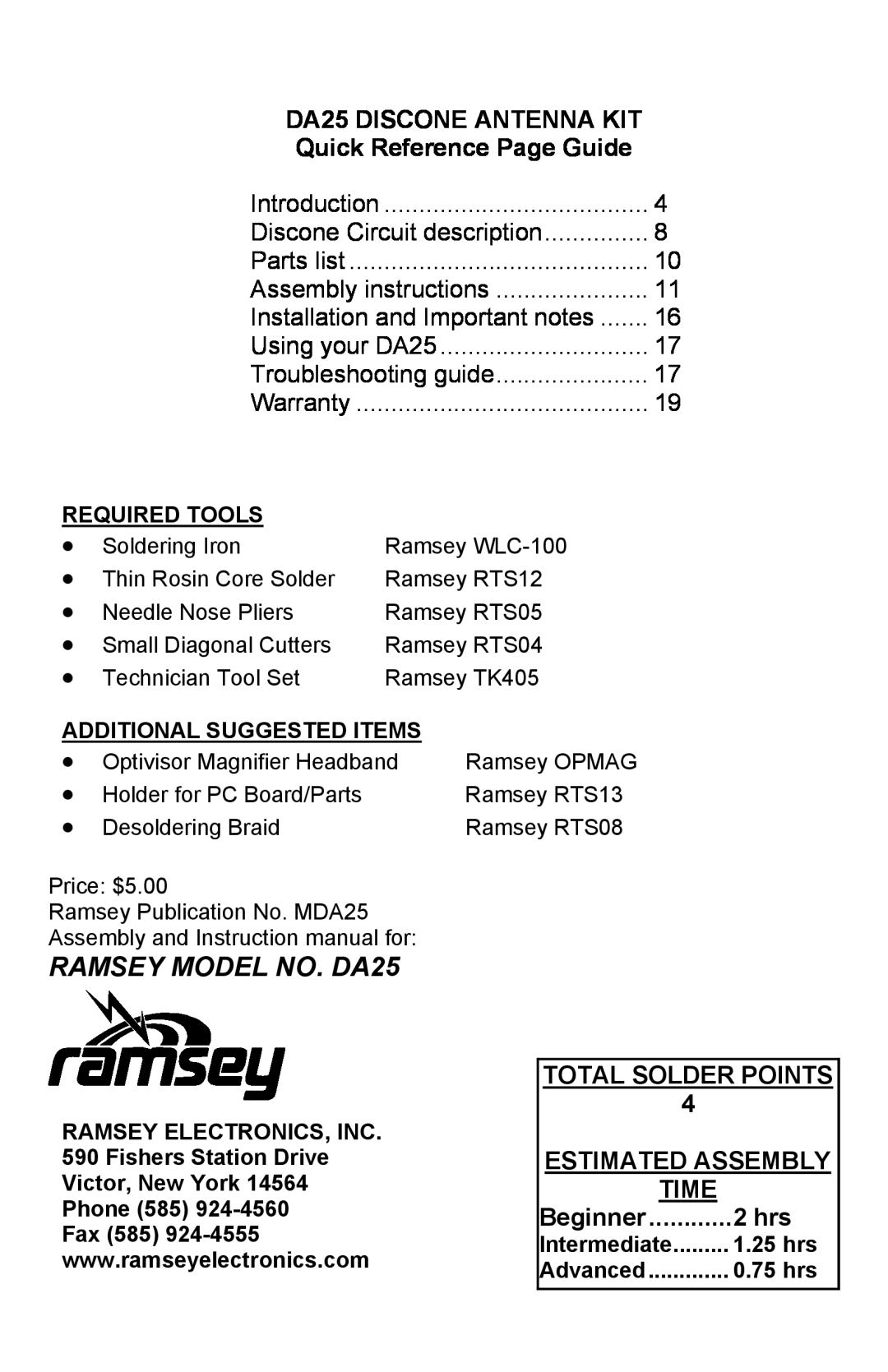 Ramsey Electronics manual RAMSEY MODEL NO. DA25, DA25 DISCONE ANTENNA KIT, Quick Reference Page Guide, Time, 2 hrs 