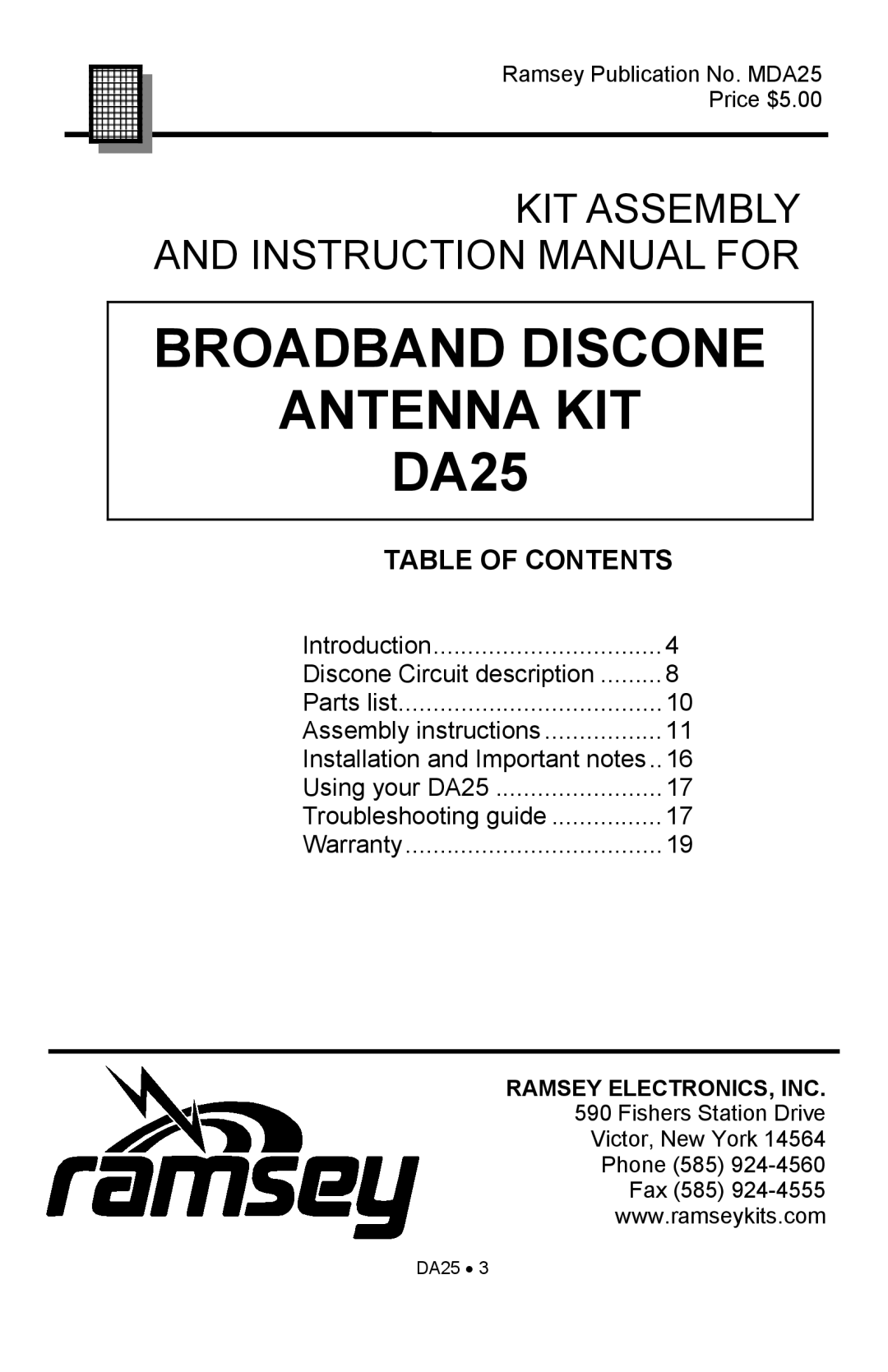 Ramsey Electronics manual BROADBAND DISCONE ANTENNA KIT DA25, Table Of Contents 