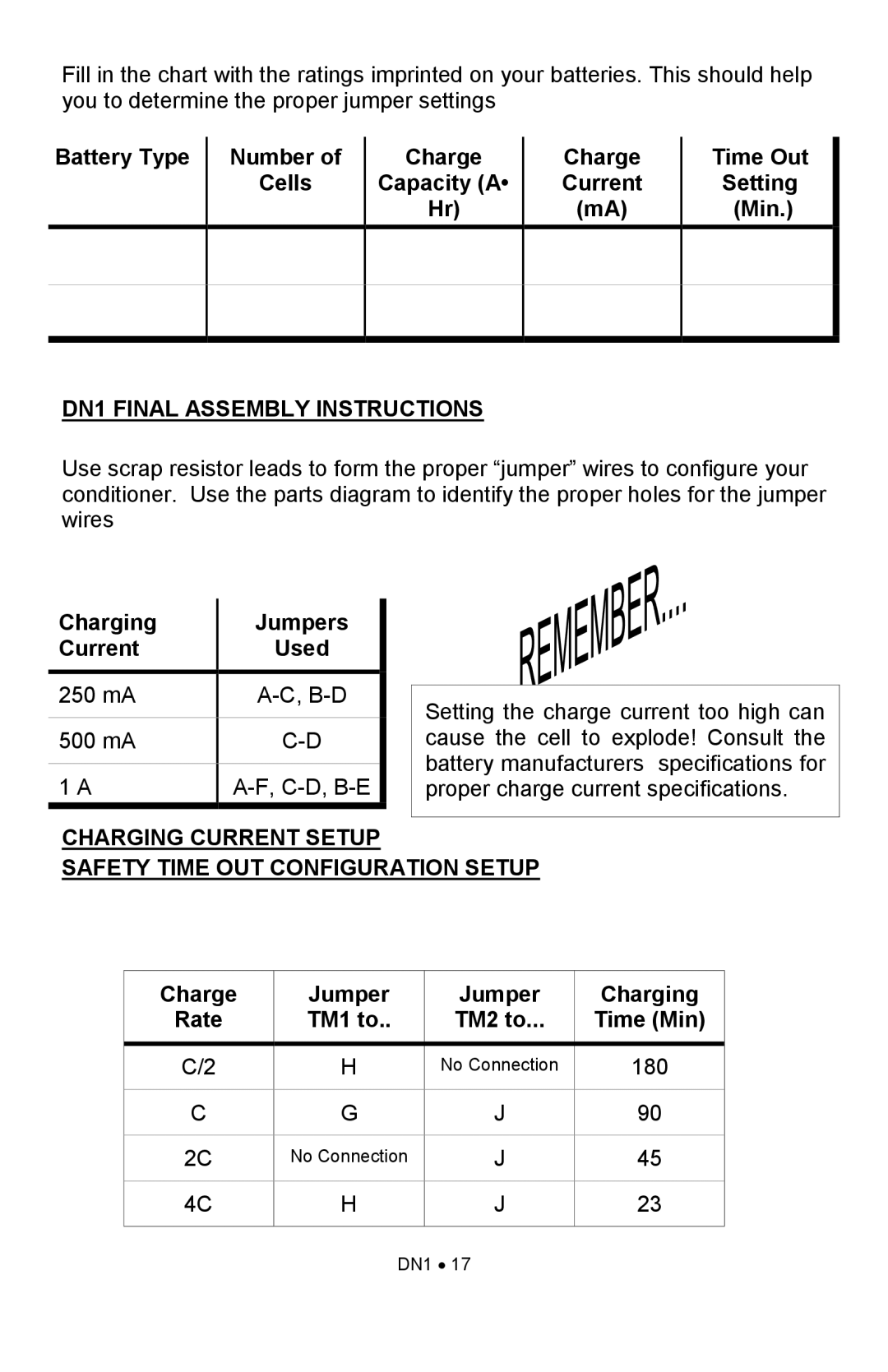 Ramsey Electronics manual DN1 Final Assembly Instructions, Charging Jumpers Current Used, Charge Jumper Charging 