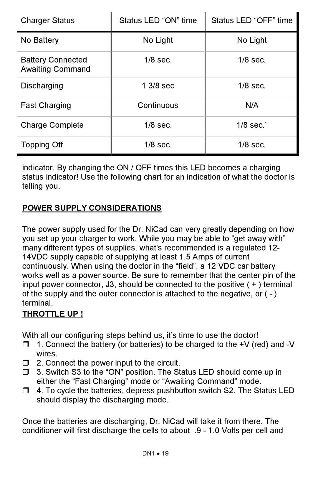 Ramsey Electronics DN1 manual Power Supply Considerations, Throttle UP 