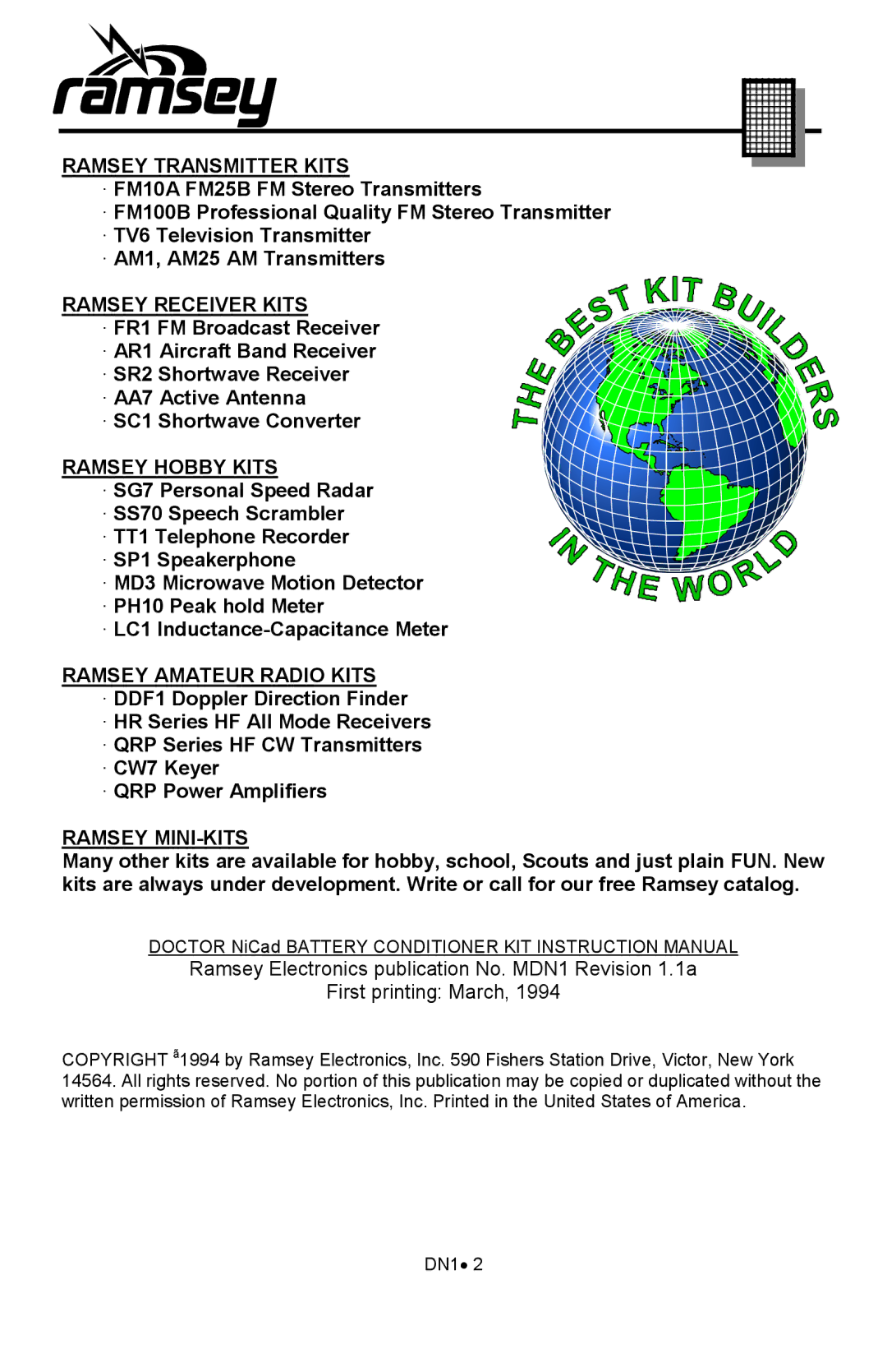 Ramsey Electronics DN1 manual Ramsey Transmitter Kits 