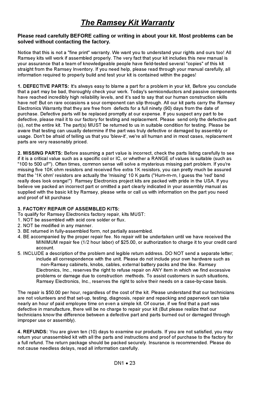 Ramsey Electronics DN1 manual Ramsey Kit Warranty 