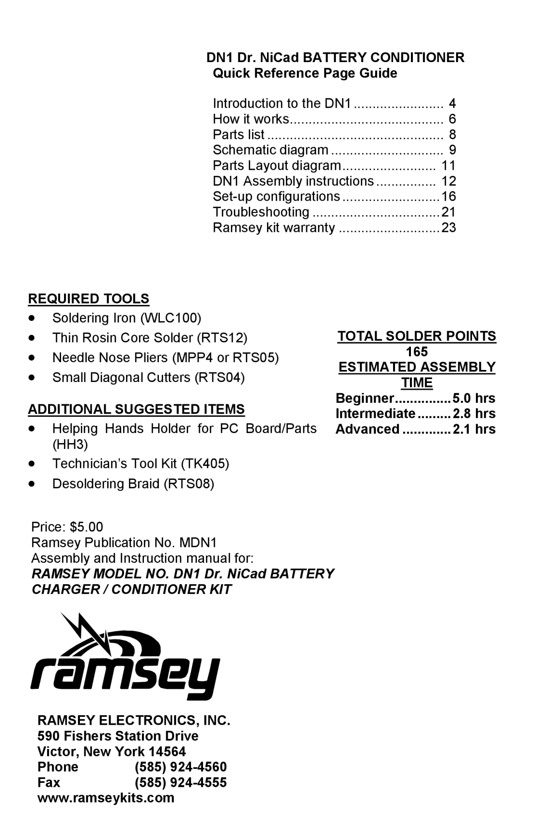 Ramsey Electronics DN1 manual Required Tools, Additional Suggested Items, Total Solder Points, Estimated Assembly Time 