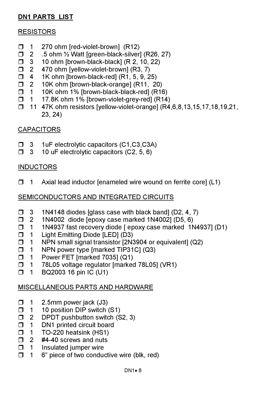 Ramsey Electronics manual DN1 Parts List 