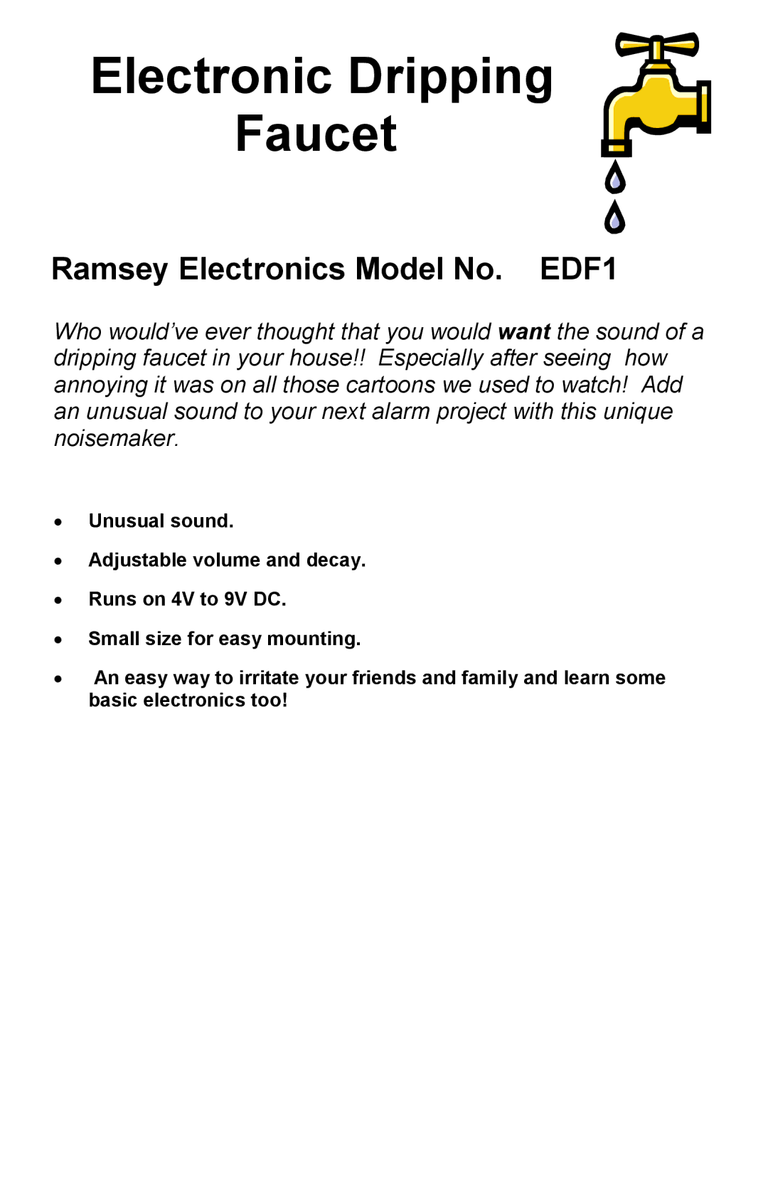 Ramsey Electronics Electronic Dripping Faucet, EDF1 manual 