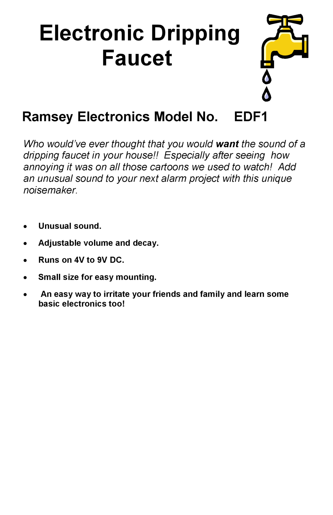 Ramsey Electronics Electronic Dripping Faucet manual Ramsey Electronics Model No. EDF1 