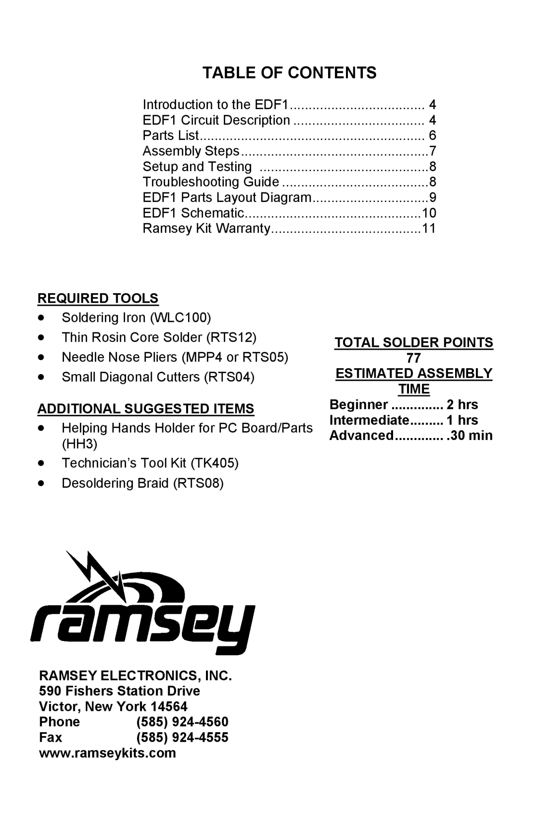 Ramsey Electronics EDF1 manual Table Of Contents, Required Tools, Additional Suggested Items, Victor, New York, Phone, Time 