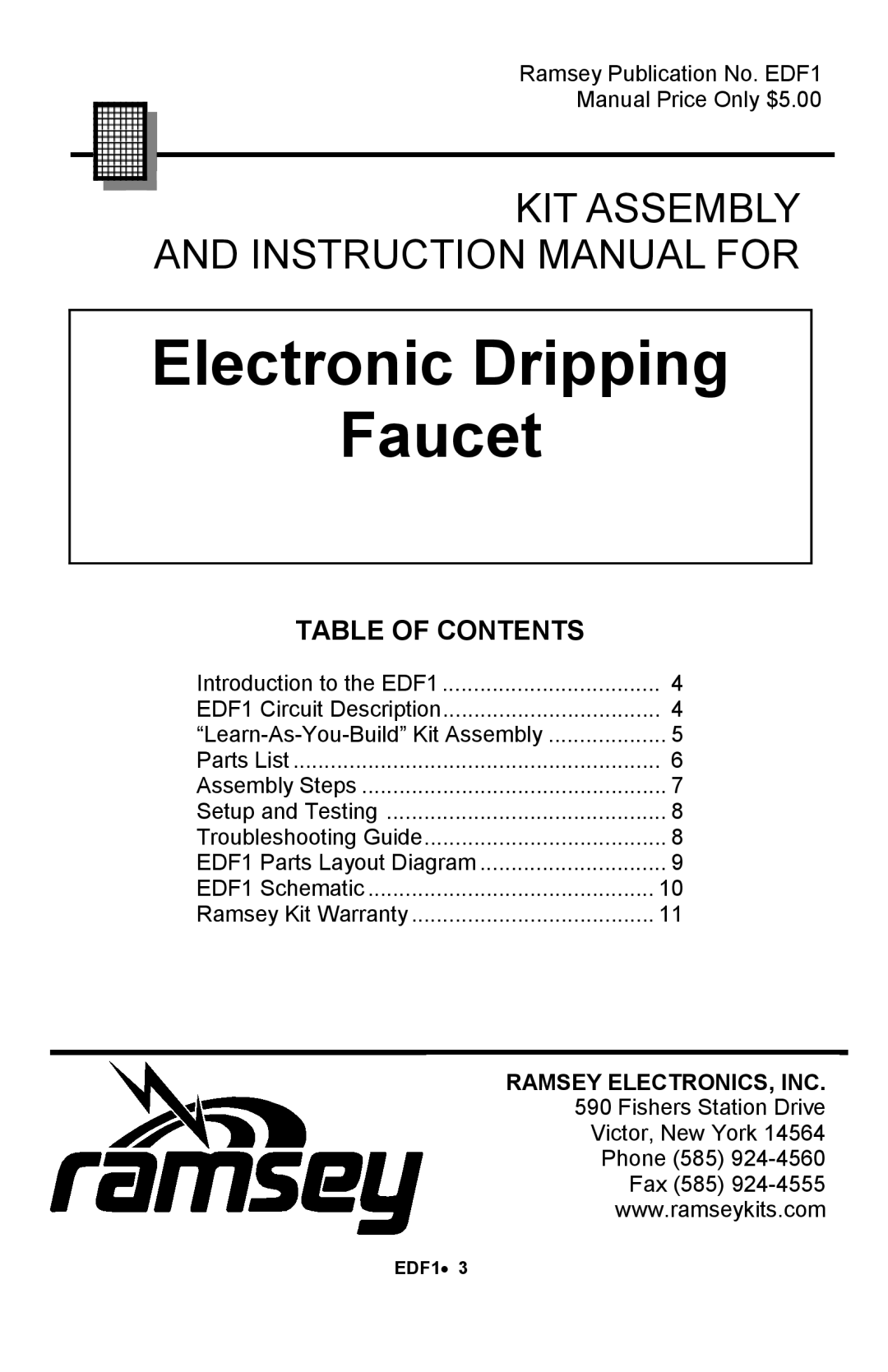 Ramsey Electronics Electronic Dripping Faucet, EDF1 manual Table Of Contents, Kit Assembly 