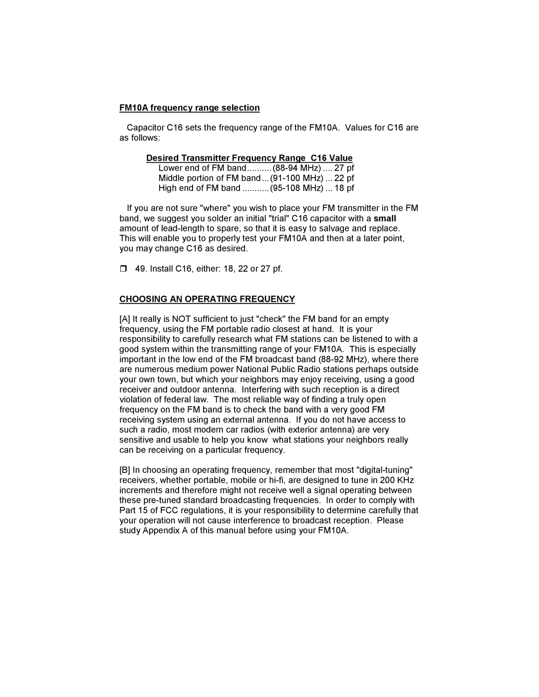 Ramsey Electronics manual FM10A frequency range selection, Desired Transmitter Frequency Range C16 Value 