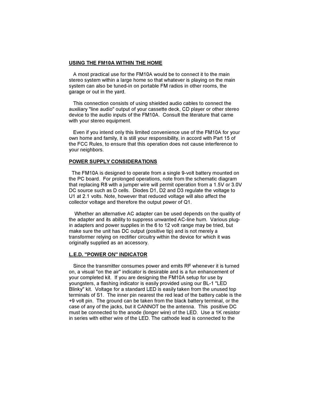 Ramsey Electronics manual Using the FM10A Within the Home, Power Supply Considerations, D. Power on Indicator 