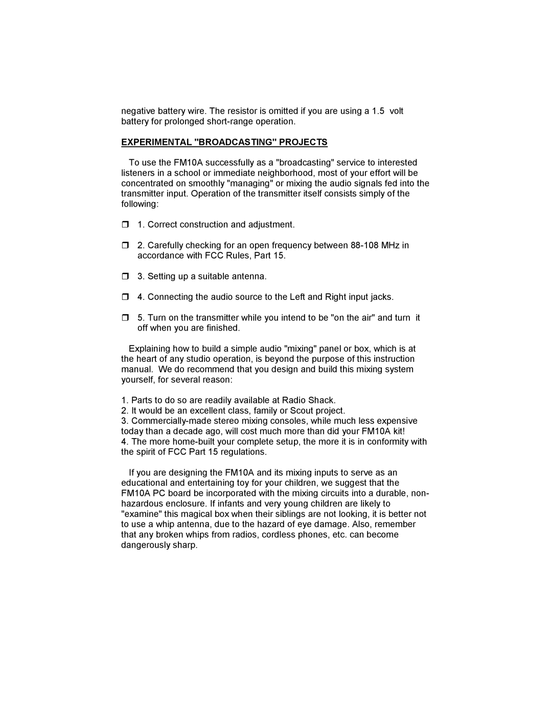 Ramsey Electronics FM10A manual Experimental Broadcasting Projects 