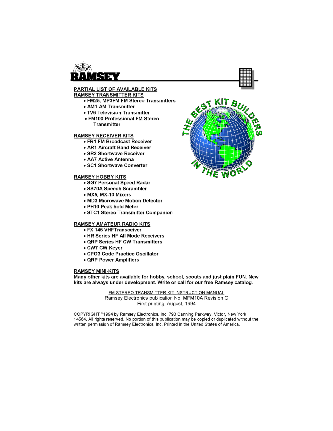 Ramsey Electronics FM10A manual Partial List of Available Kits Ramsey Transmitter Kits 