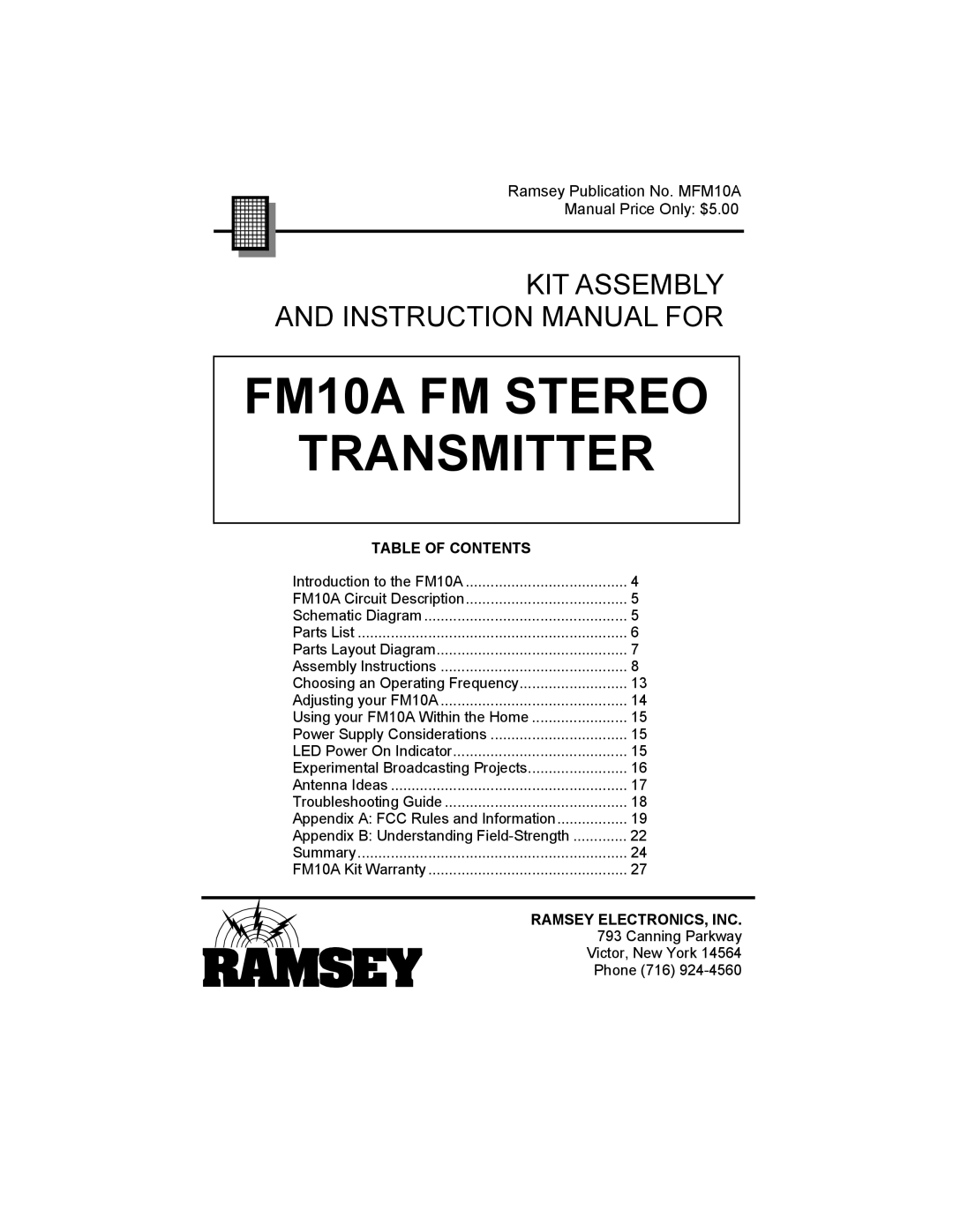 Ramsey Electronics FM10A manual Table of Contents, Ramsey ELECTRONICS, INC 