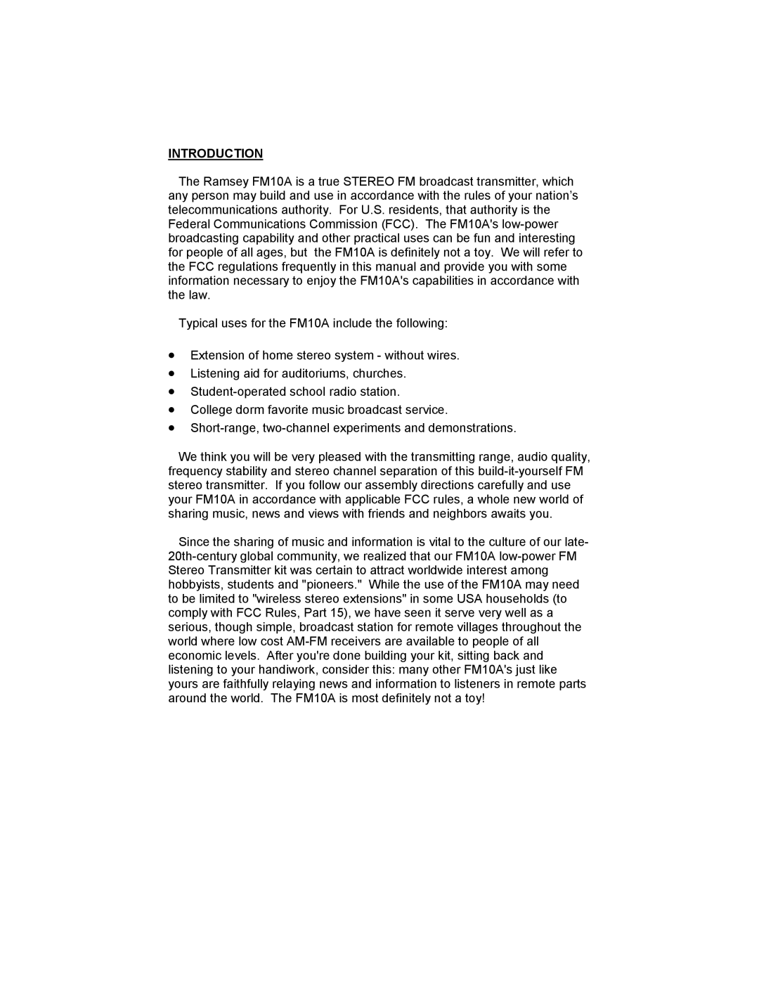 Ramsey Electronics FM10A manual Introduction 