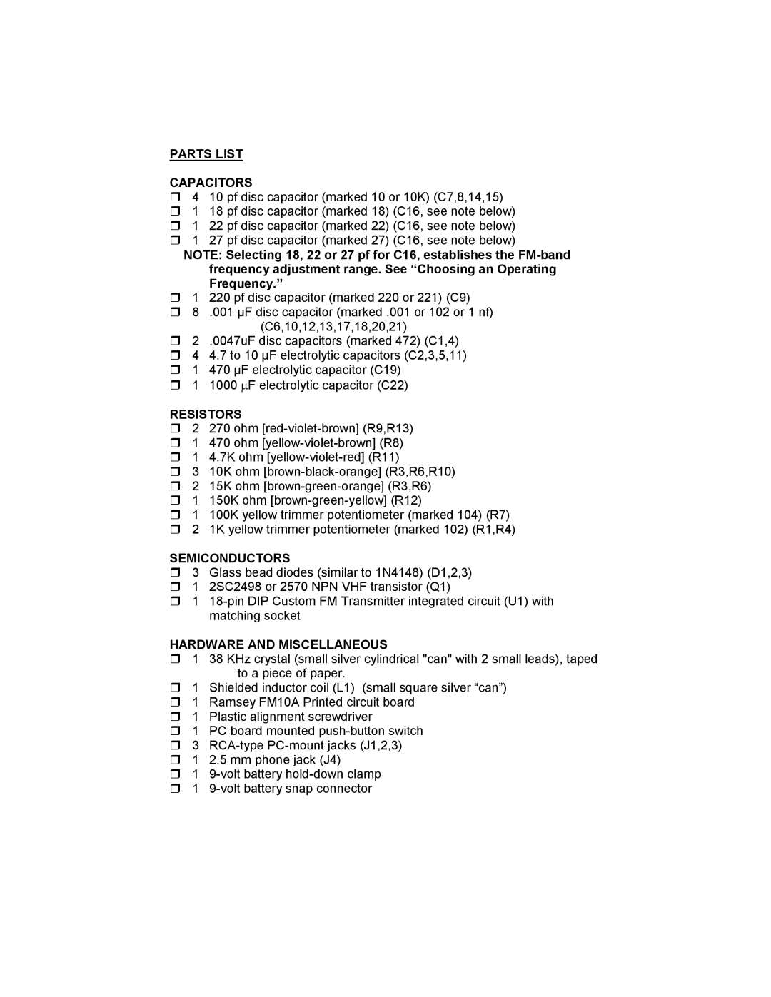 Ramsey Electronics FM10A manual Parts List Capacitors, Resistors, Semiconductors, Hardware and Miscellaneous 