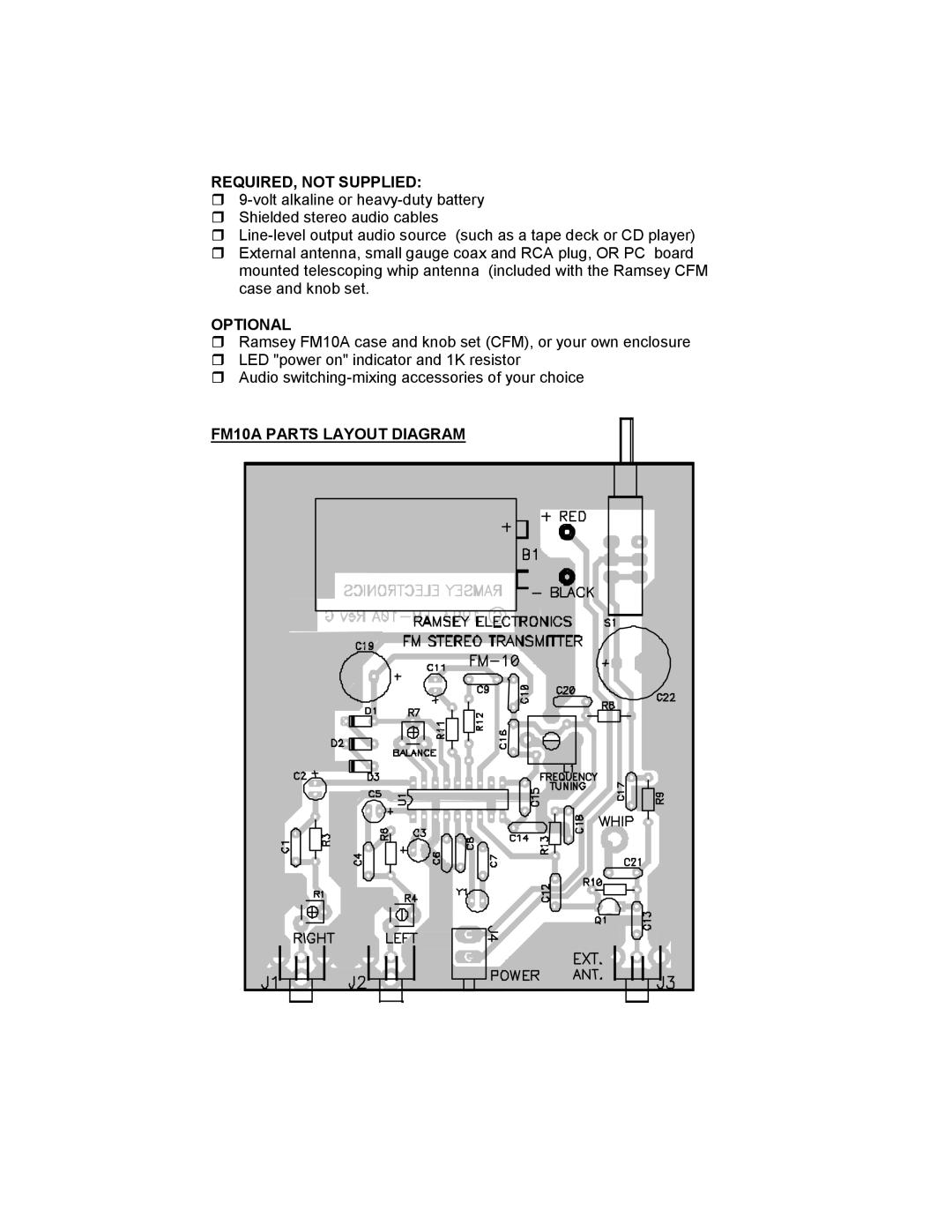 Ramsey Electronics manual REQUIRED, not Supplied, Optional, FM10A Parts Layout Diagram 