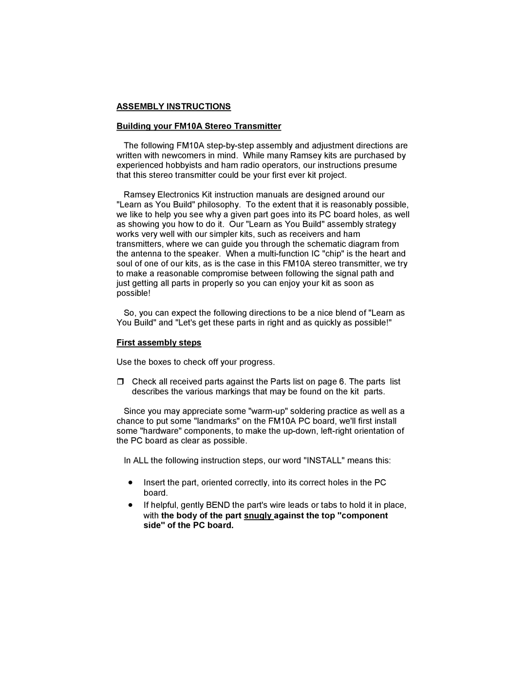 Ramsey Electronics manual Assembly Instructions, Building your FM10A Stereo Transmitter, First assembly steps 