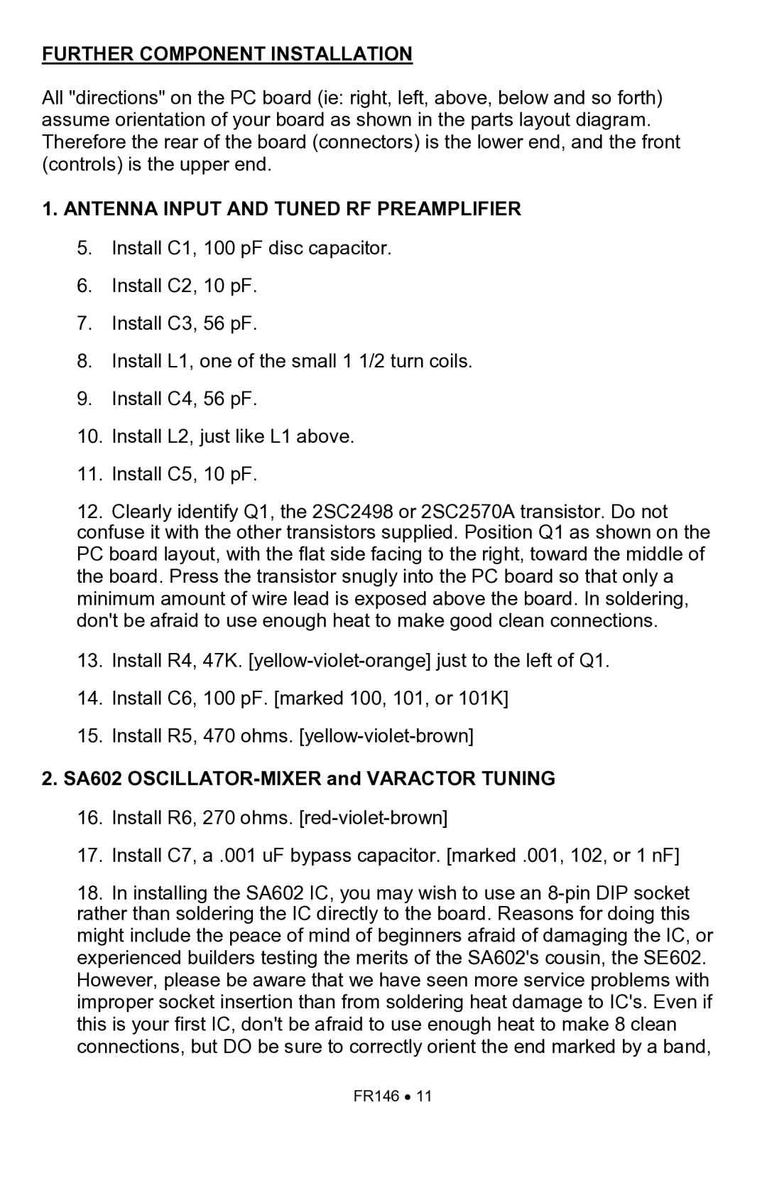 Ramsey Electronics FR146 manual Further Component Installation, Antenna Input and Tuned RF Preamplifier 