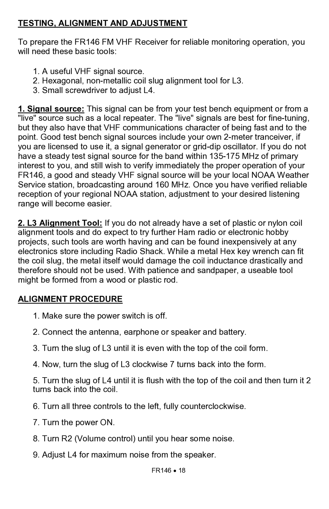 Ramsey Electronics FR146 manual TESTING, Alignment and Adjustment, Alignment Procedure 